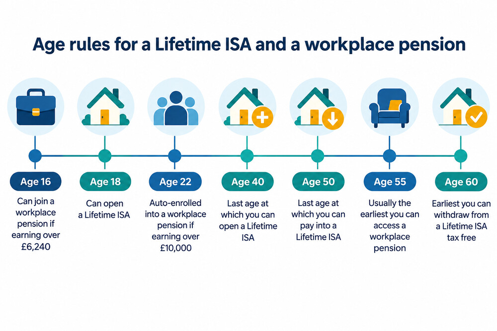 A timeline showing the ages at which you can open and pay into a Lifetime ISA and when auto-enrolment applies