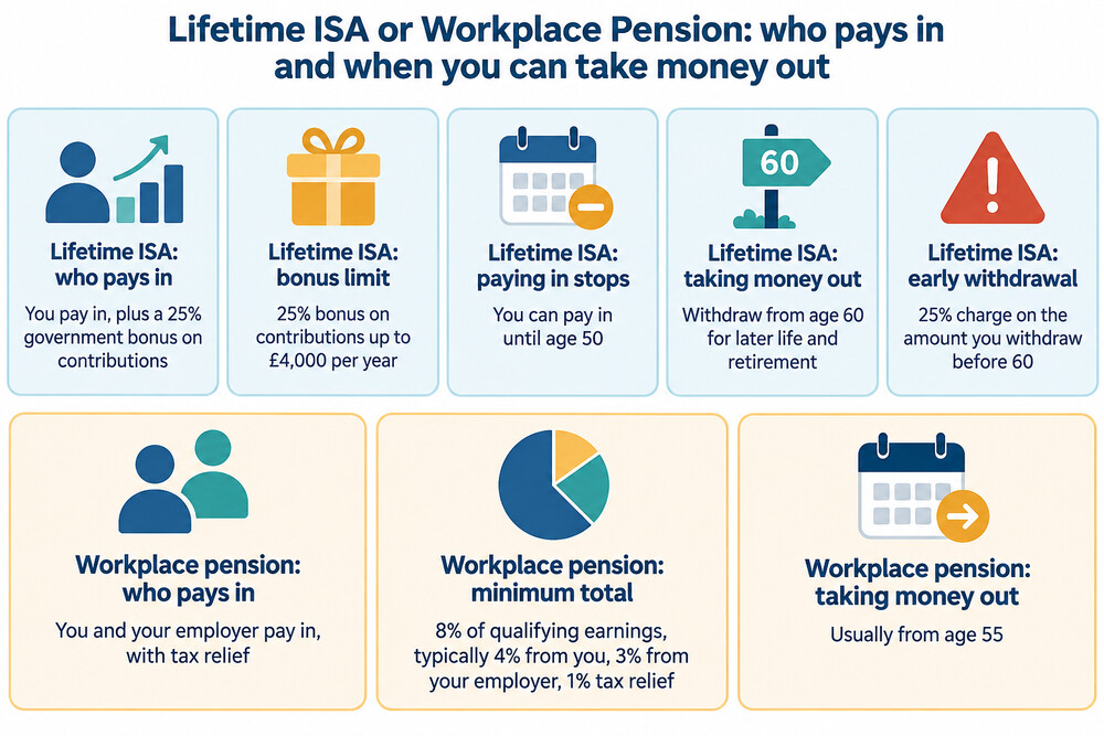 A simple side by side comparison of a Lifetime ISA and a workplace pension showing who pays in and when money can be taken out