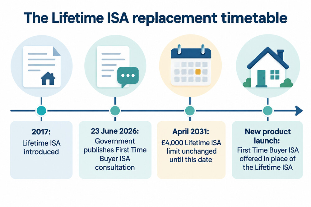 A timeline showing the Lifetime ISA being replaced by the First Time Buyer ISA and the dates that matter