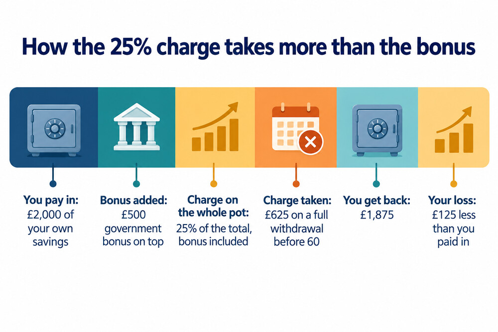 A diagram comparing the 25% bonus added on the way in with the 25% charge taken on the way out, showing the charge eating into the saver's own contributions