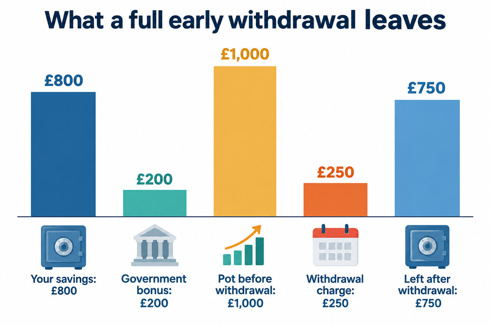 A bar showing £800 of savings plus a £200 bonus making a £1,000 pot, and the £750 left after a full withdrawal