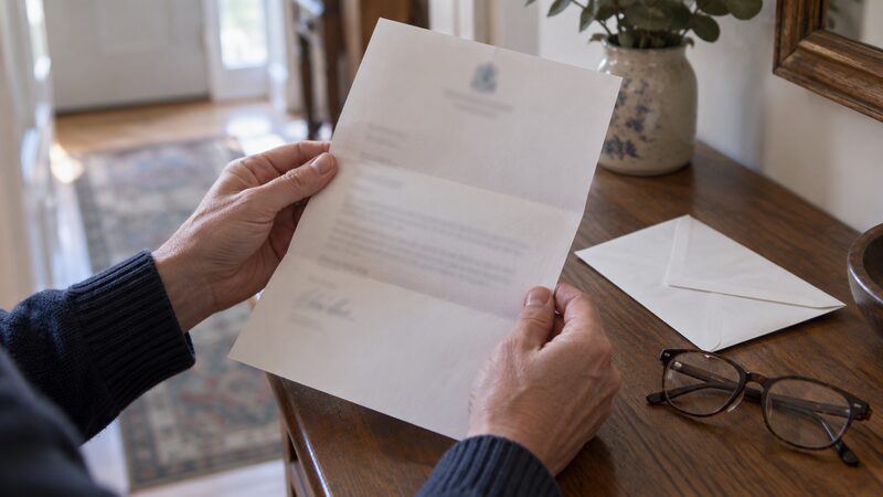 Hands hold a folded letter with an envelope and reading glasses on a wooden table.