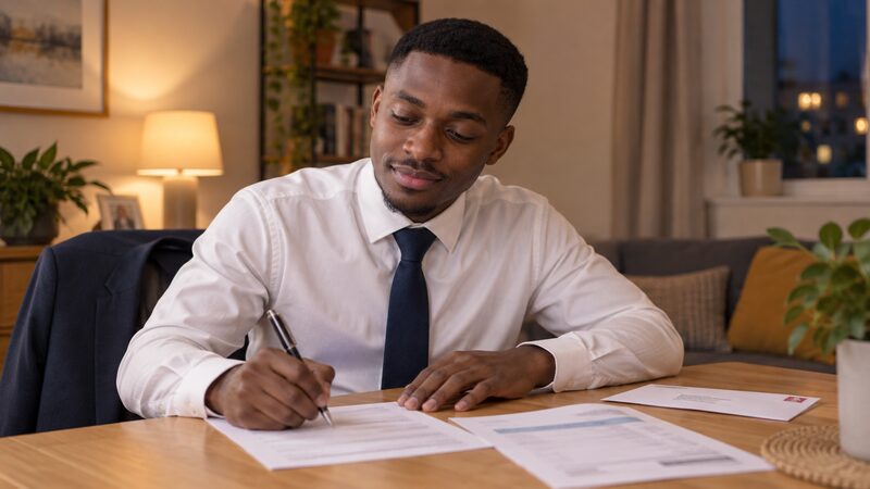 A young man fills in a paper form at a dining table with a statement and envelope beside him.