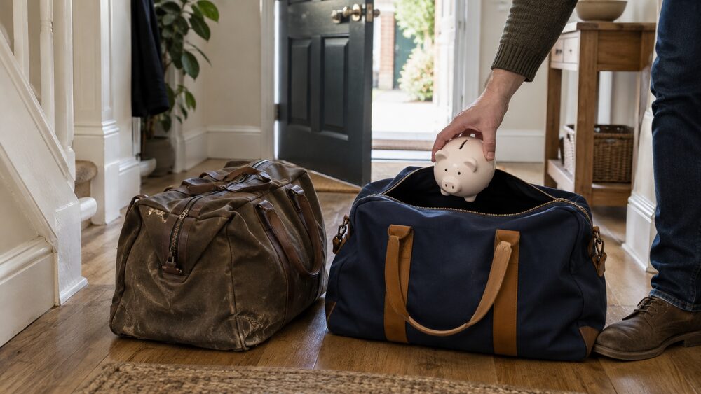 A hand lowers a piggy bank into a new holdall beside a worn one in a hallway.