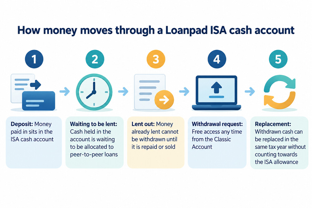 A screenshot-style view of an ISA cash account showing a deposit, a pending loan allocation and a withdrawal request