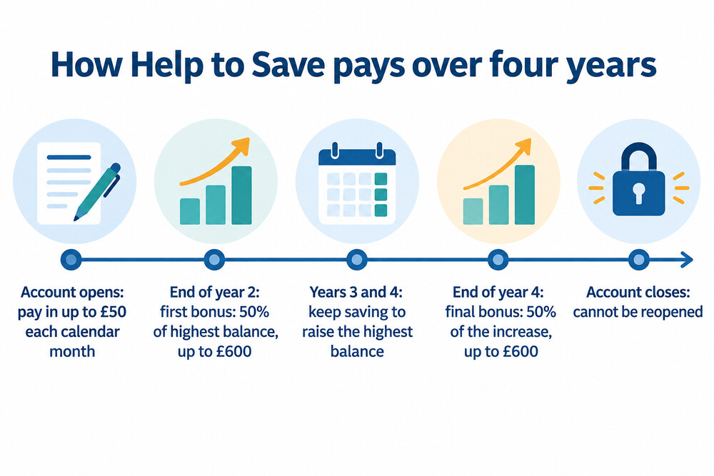 Timeline of a Help to Save account over four years, showing monthly deposits and the two bonus dates