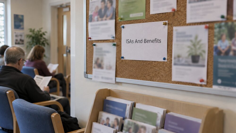 People queue outside a jobcentre entrance, one holding a blurred official letter.