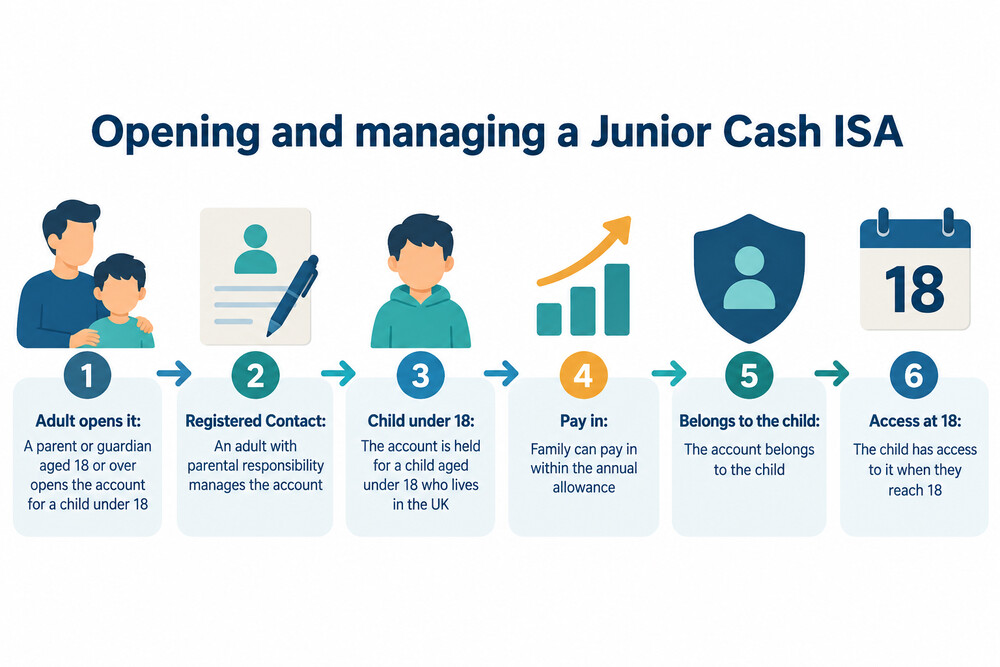 A parent and child looking at a Junior ISA passbook and a savings chart
