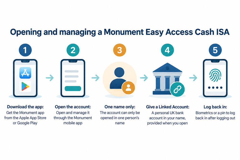 A phone screen showing a Monument cash ISA account summary with balance and interest