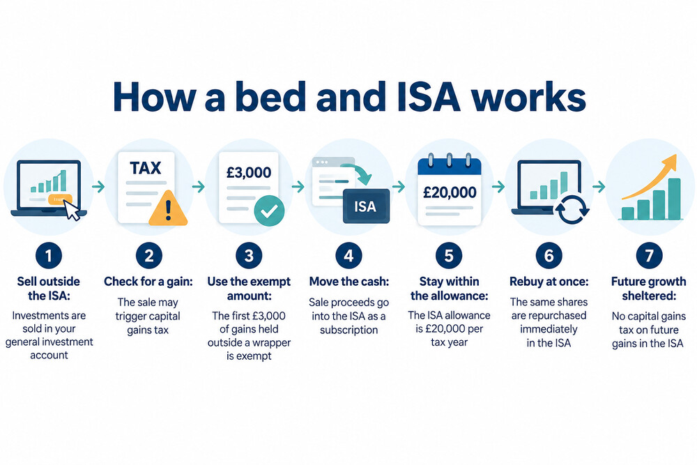 An illustration comparing the 30-day bed and breakfasting rule with the bed and ISA exception, showing a blocked repurchase outside an ISA and an allowed repurchase inside one