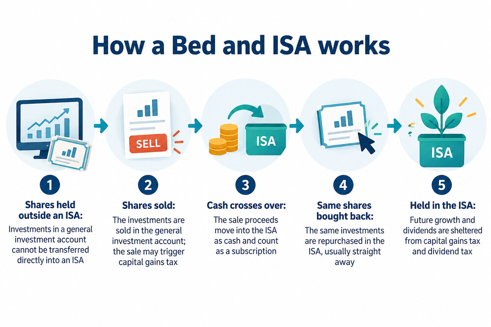 A simple illustration showing shares held outside an ISA being sold, the cash passing into an ISA, and the same shares being bought back inside the ISA wrapper