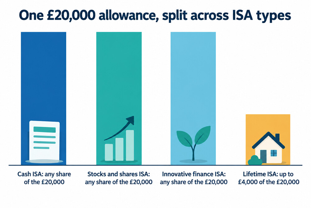 How a £20,000 allowance can be divided between ISA types in one tax year