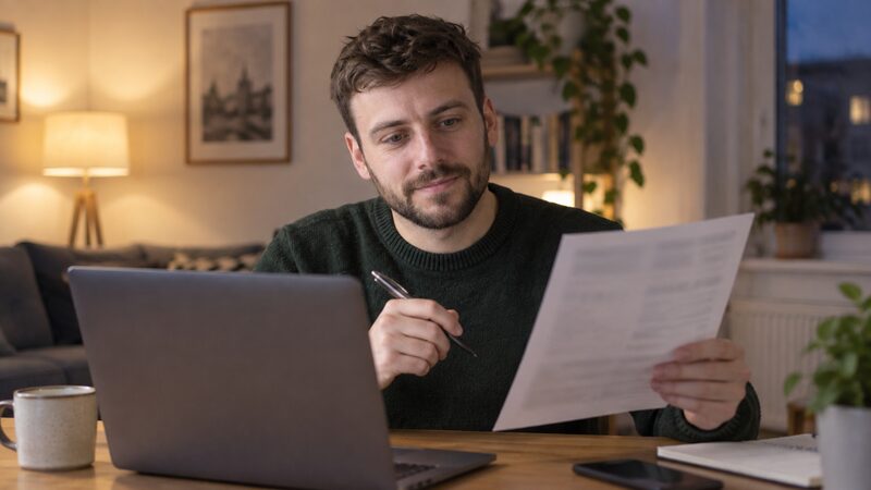 A man at a desk holds a paper form and pen while checking an open laptop.