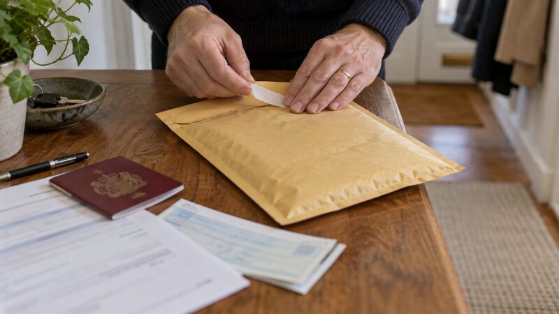Hands seal a padded envelope beside a form, identity document and folded cheque.