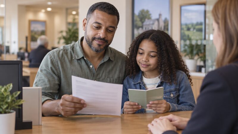 A father and daughter stand at a building society counter holding a passbook and form.