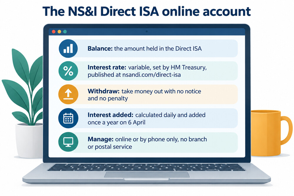 A screenshot-style view of an NS&amp;I online account showing the balance, the interest rate and the withdraw option
