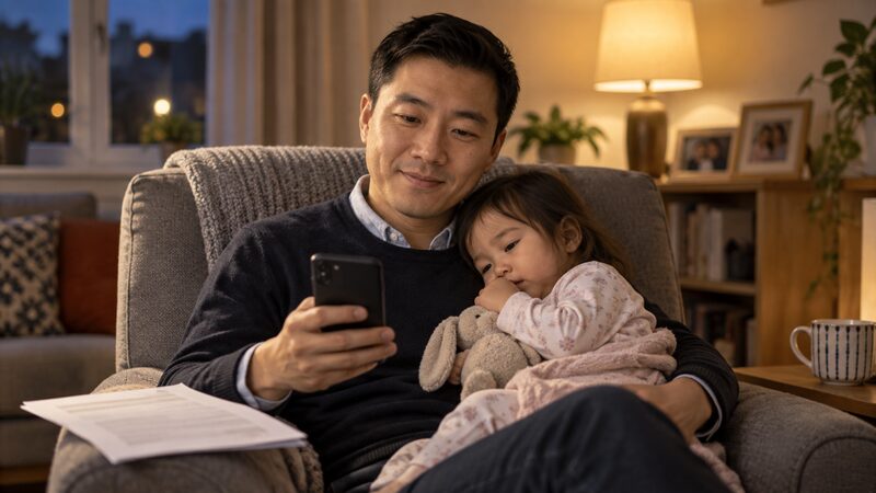 A man sits in an armchair with a baby on his knee holding a phone and a letter.