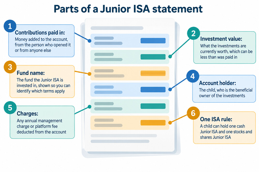 A Junior ISA statement showing contributions and investment value