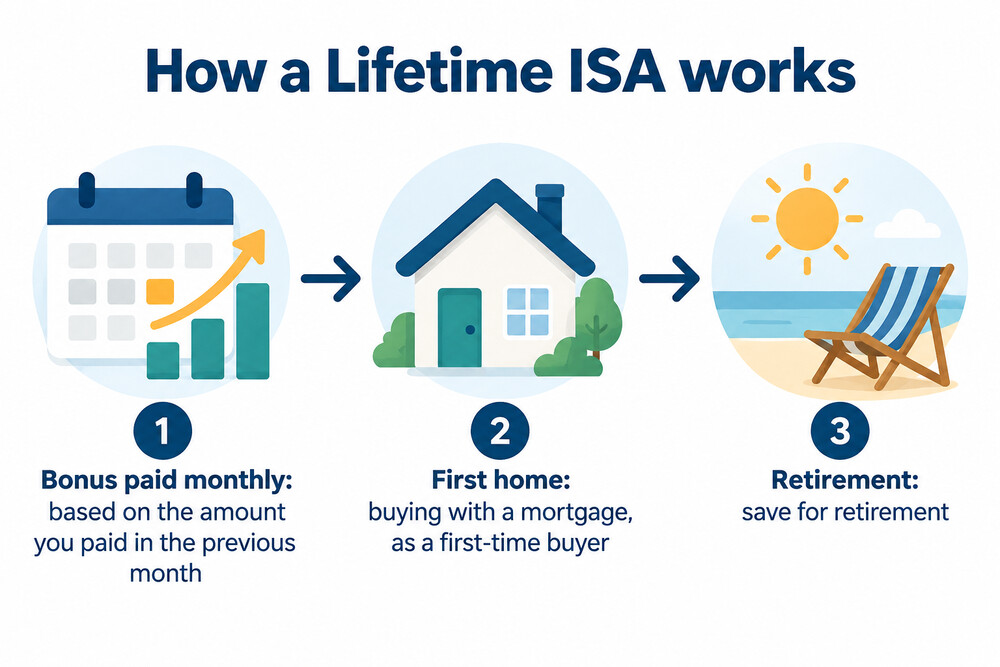 A simple diagram showing money paid into a Lifetime ISA, the government bonus added on top, and the two qualifying uses