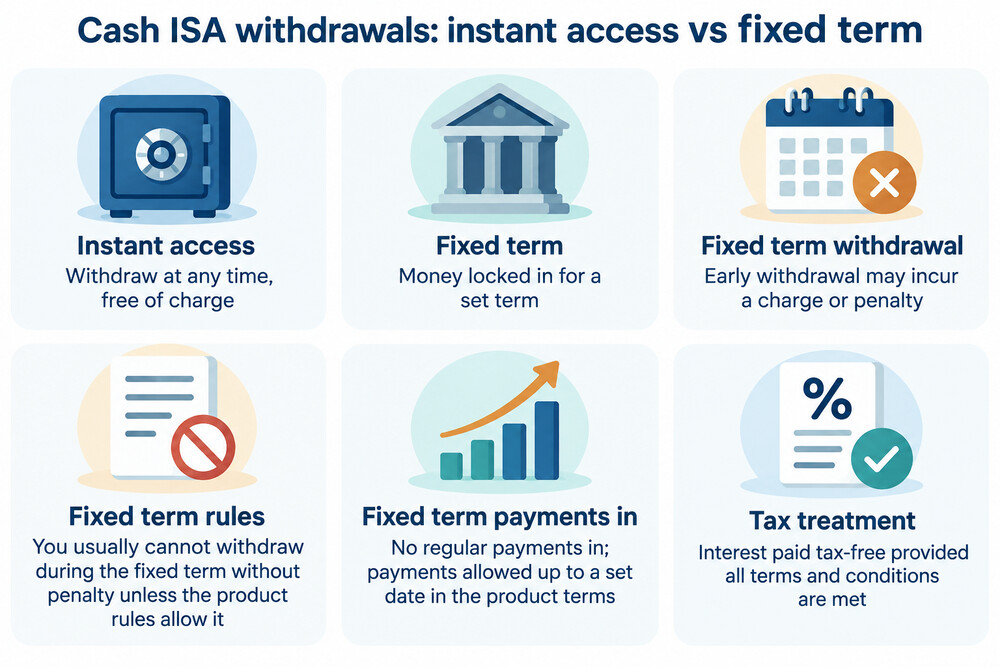 A timeline showing the difference between instant access and fixed term cash ISA withdrawals