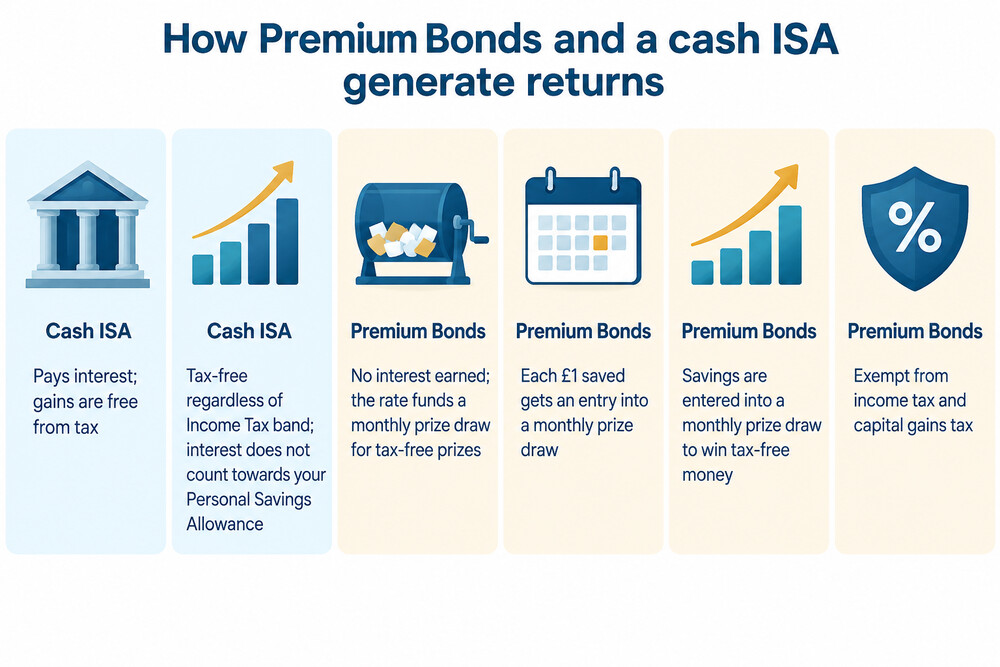 A side-by-side comparison showing how Premium Bonds and a cash ISA generate returns