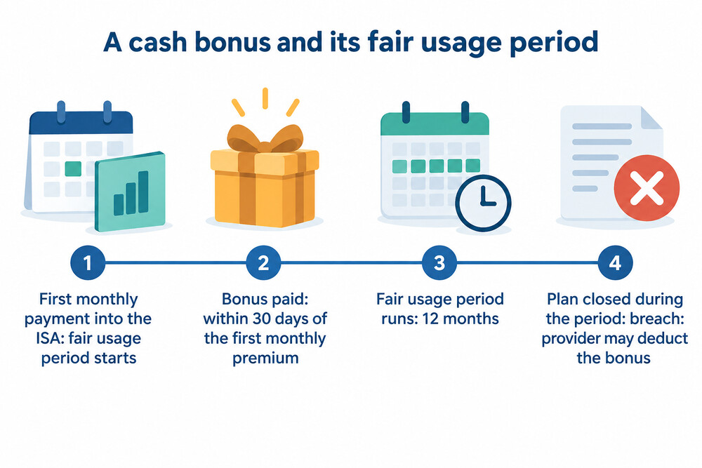 A timeline of a cash ISA bonus, from first payment through the 12-month fair usage period