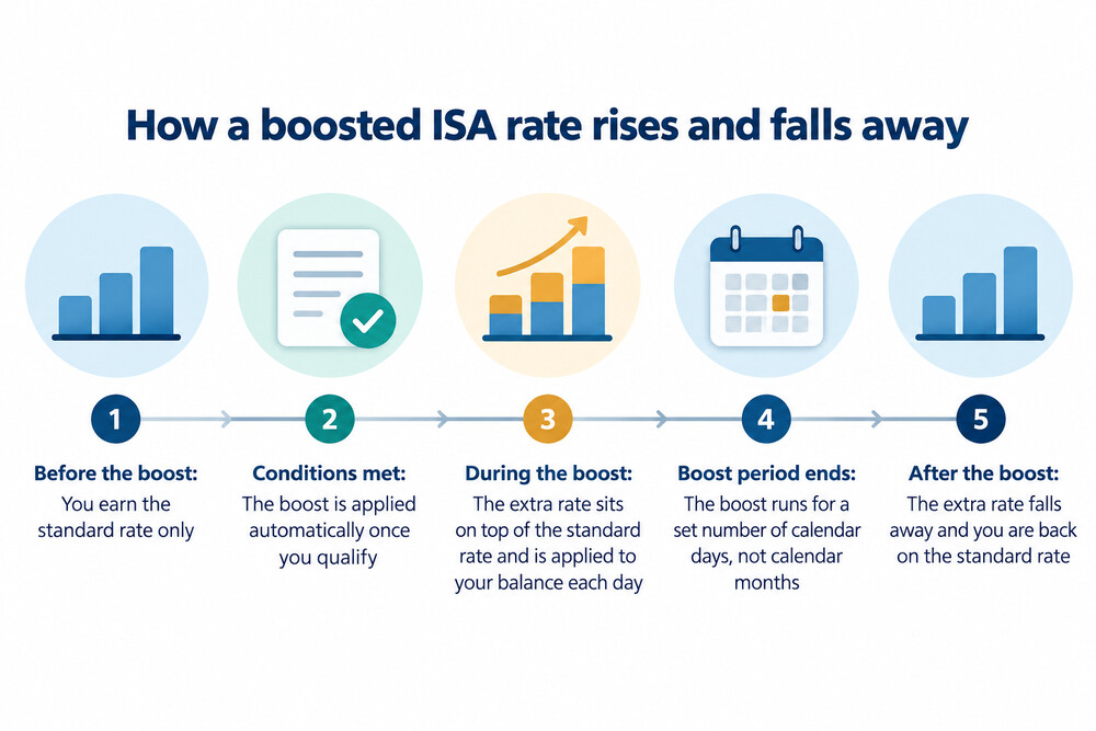 A timeline showing a boosted ISA rate running for a fixed period and then reverting to the provider's standard rate