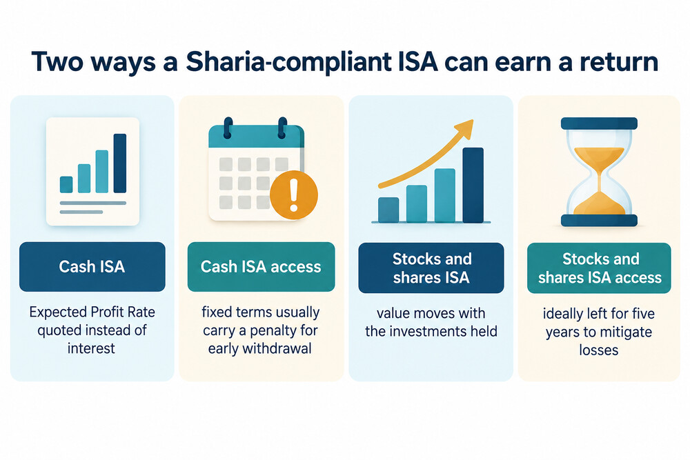 A comparison of a fixed-term Islamic cash ISA with an expected profit rate and a stocks and shares ISA whose value moves with its investments