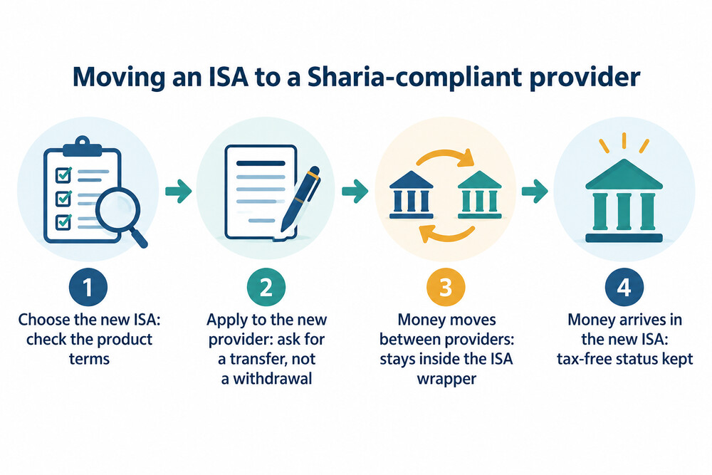 The steps in an ISA transfer from an old provider to a new Sharia-compliant provider