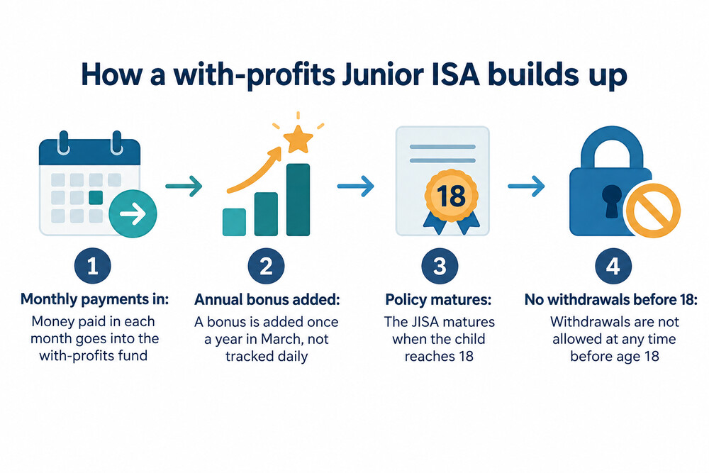 A simple diagram showing money paid in each month going into a with-profits fund, an annual bonus added in March, and the policy maturing at age 18
