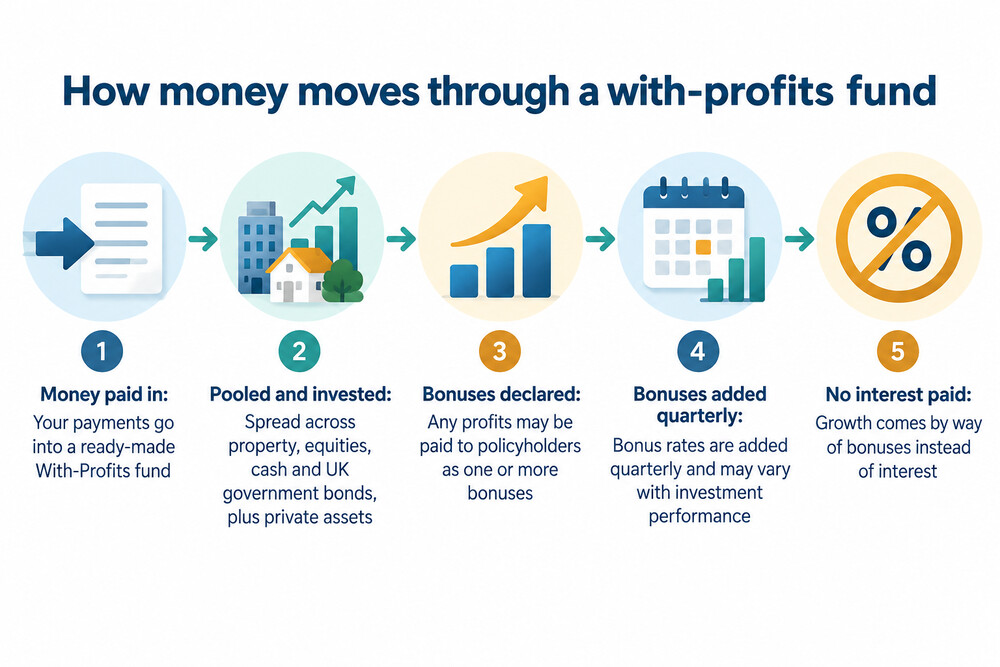 A simple diagram showing money paid into a with-profits fund and bonuses paid out quarterly