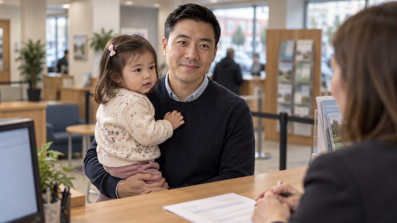 A man stands at a building society counter holding a toddler with a form on the counter.
