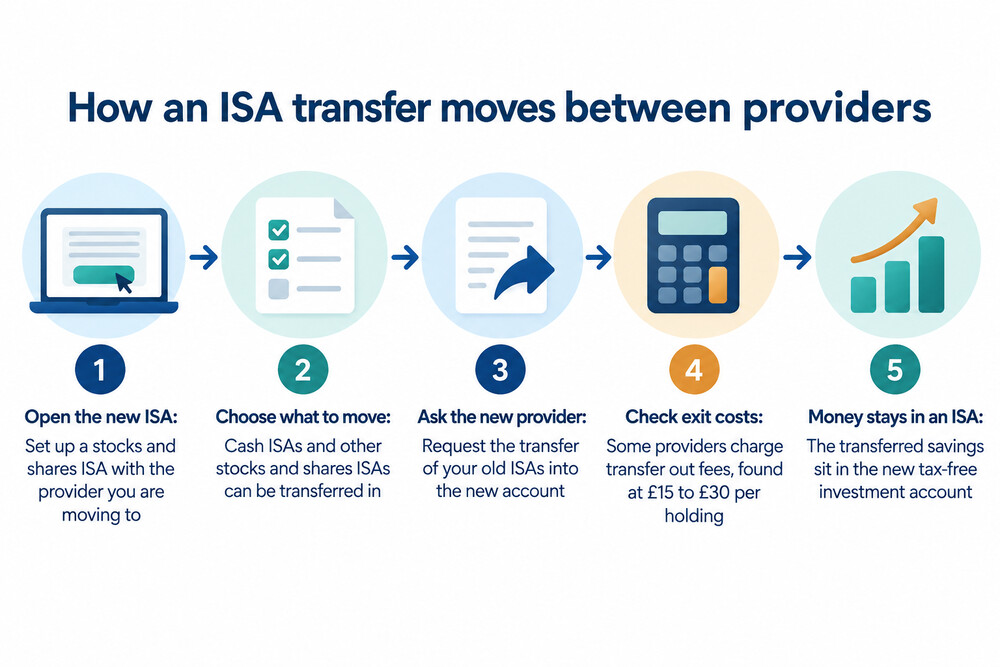 An illustration of a direct ISA transfer, with money and investments moving from an old provider to a new provider while staying inside a tax-free wrapper