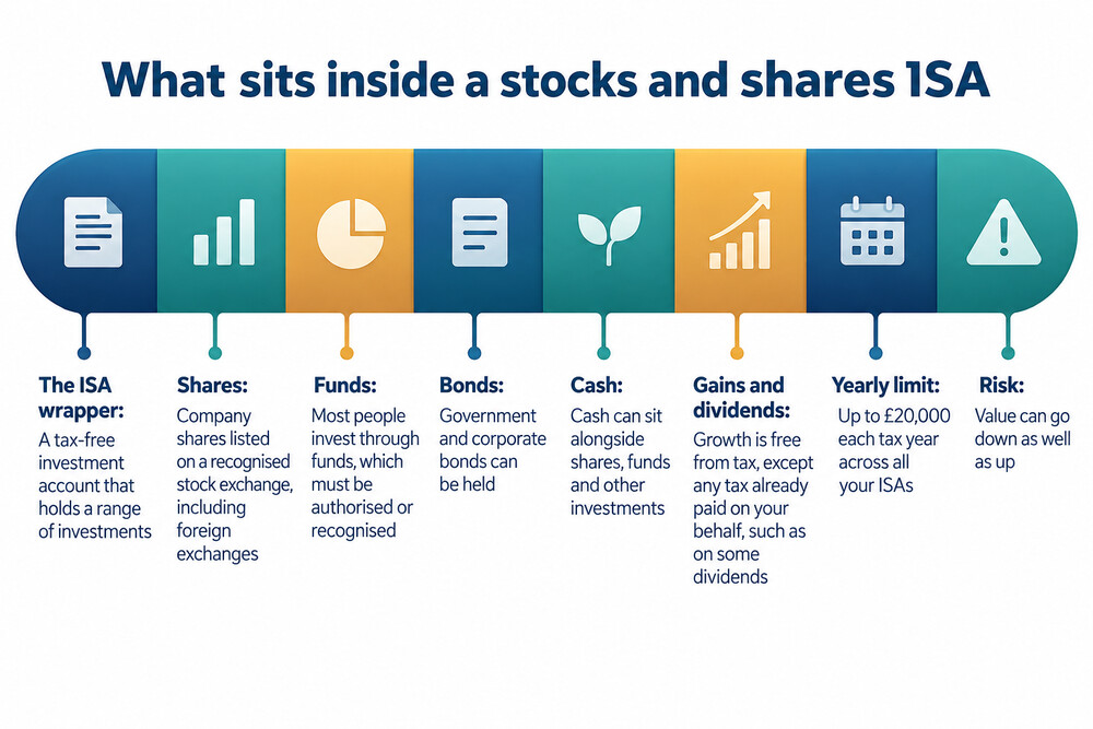 A diagram-style illustration showing money being placed inside a protective tax wrapper, with investments such as funds and shares sitting inside it