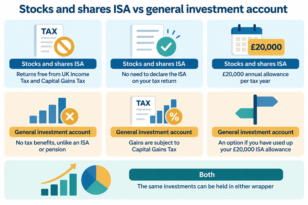A simple side-by-side of an ISA wrapper and an unwrapped general investment account