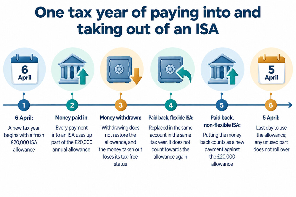 A calendar showing the UK tax year running from 6 April to 5 April, with the £20,000 ISA allowance resetting on 6 April