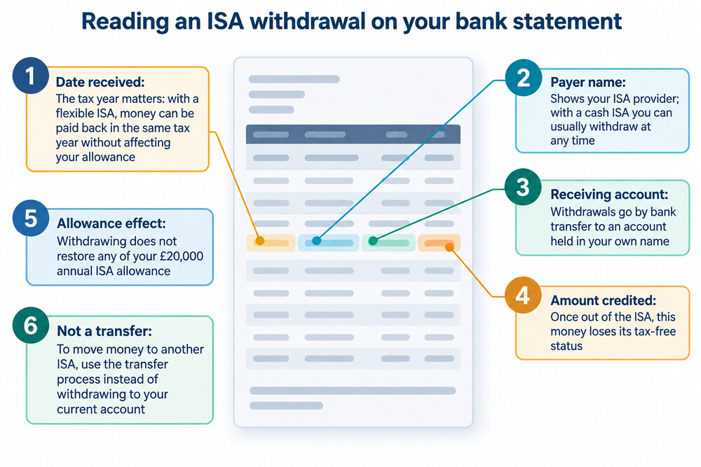 A bank statement showing an incoming payment from an ISA provider