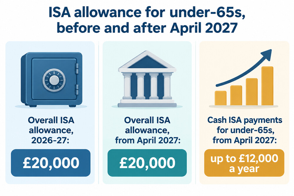 The overall ISA allowance before and after 6 April 2027, showing the cash portion for under-65s