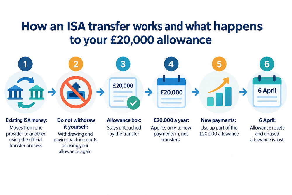 A simple diagram showing an ISA balance moving from one provider to another while the £20,000 annual allowance box stays untouched