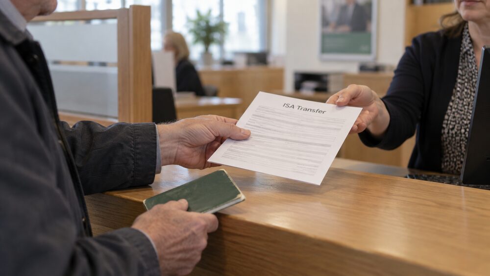 A young man at a building society counter passes a form and card to staff.