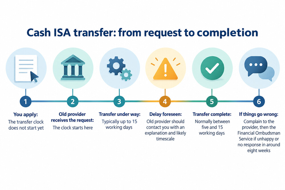 A simple timeline showing the stages of a cash ISA transfer from application to completion
