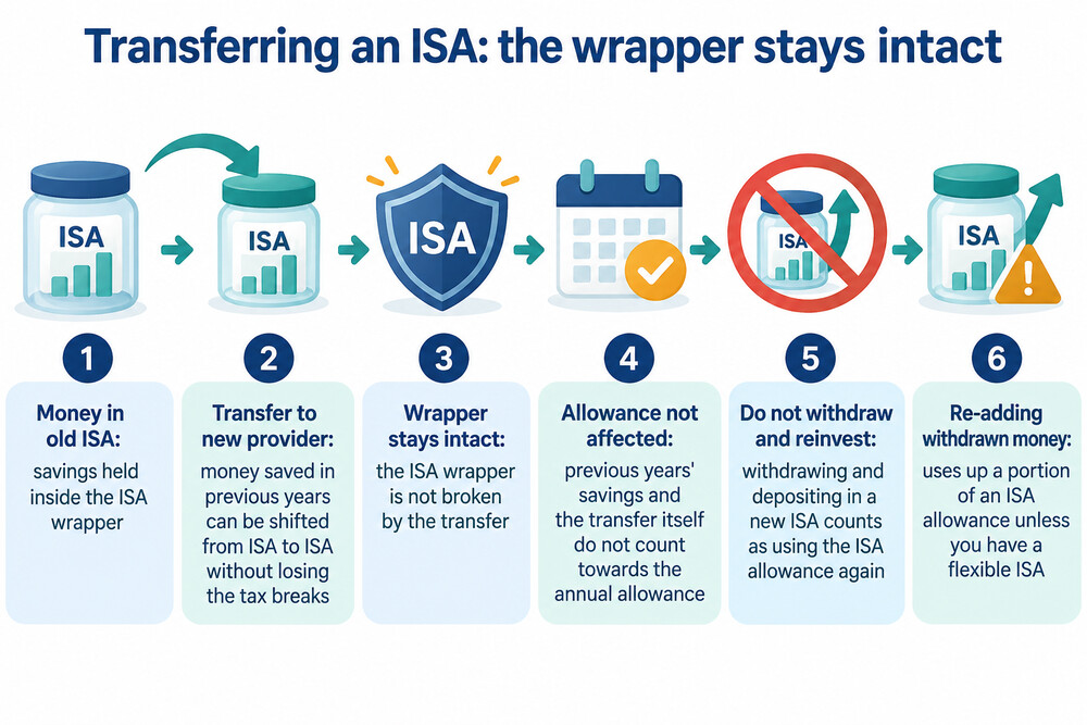 A simple diagram showing an ISA moving from one provider to another, with the money staying inside the ISA wrapper