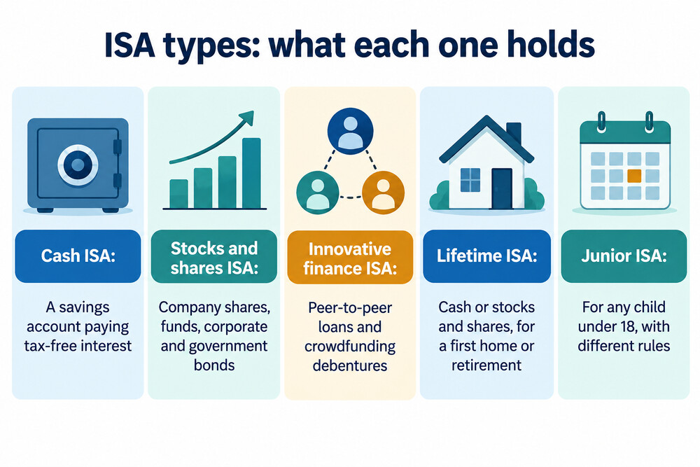 A simple overview graphic showing the four adult ISA types and the Junior ISA, with a one-line description of each