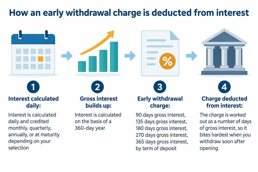 A diagram showing how an early withdrawal charge is deducted from the interest you would have earned