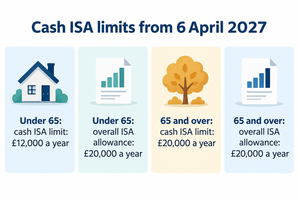 Diagram of the overall £20,000 ISA allowance with a £12,000 cash portion for under-65s from April 2027