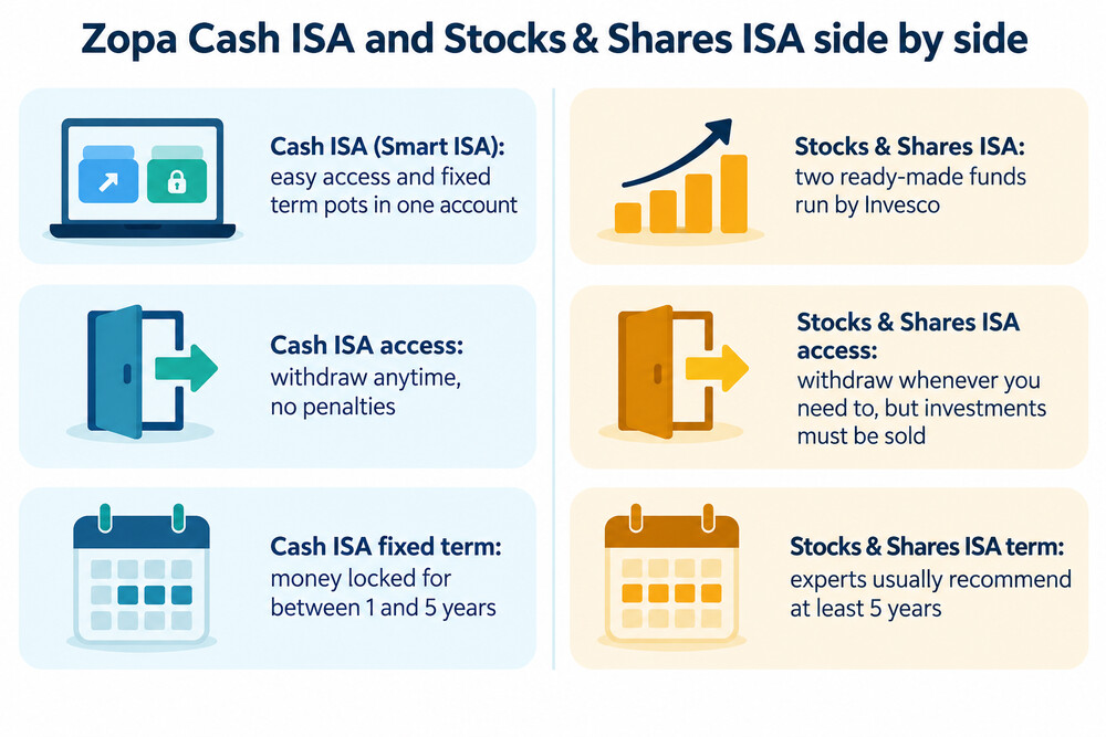A side-by-side comparison of a cash ISA and a stocks and shares ISA