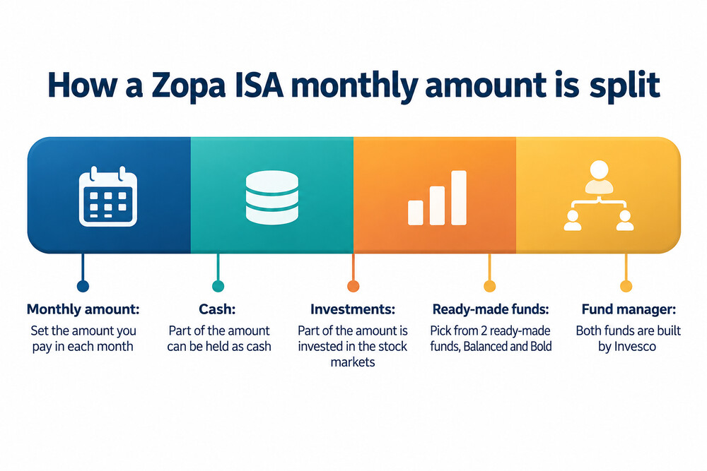 The Zopa app screen where a monthly ISA amount is split between cash and investments