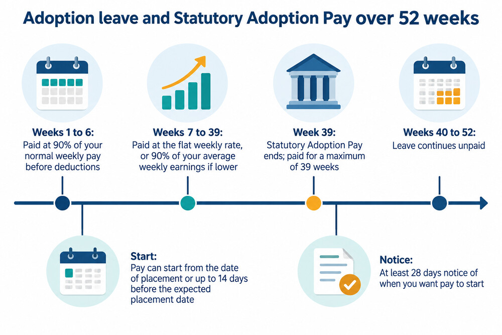 A timeline showing adoption leave running for 52 weeks, with the first six weeks paid at 90% of pay and the following 33 weeks paid at the flat rate