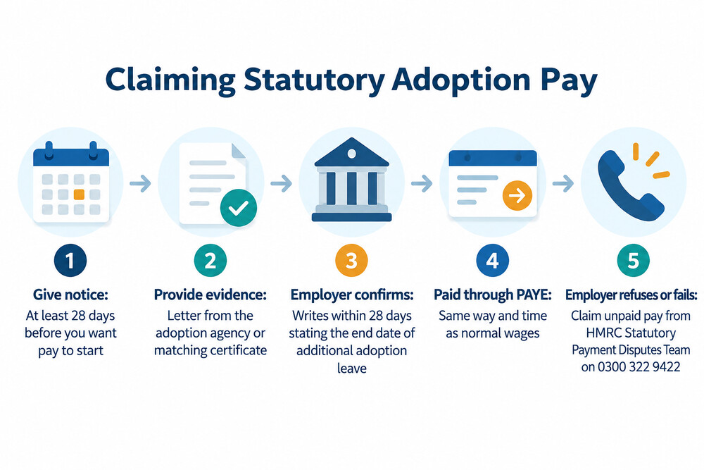 A flow diagram showing the claim route from notice to employer, through evidence, to payment through PAYE, with HMRC as the fallback if the employer does not pay