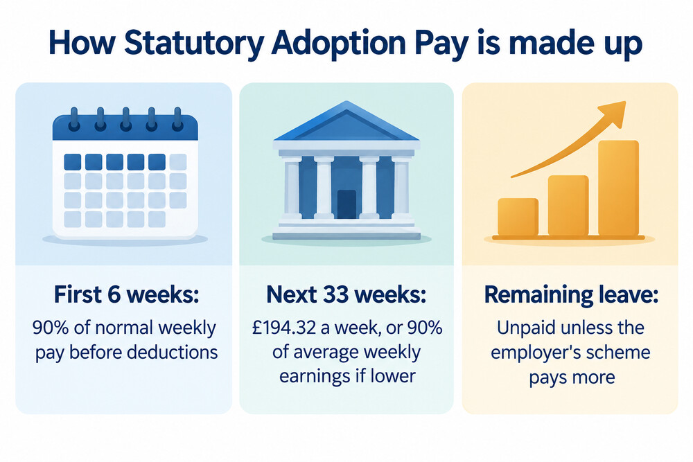A bar showing the two stages of Statutory Adoption Pay: six weeks at 90% of pay, then 33 weeks at the flat rate